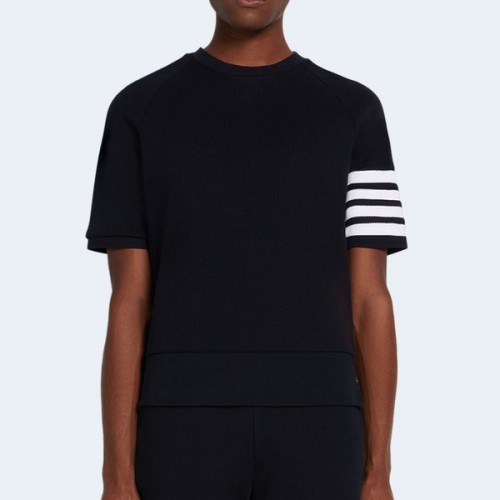 톰브라운 네이비 컴팩트 와플 4-바 쇼트 슬리브 스웨트 티셔츠