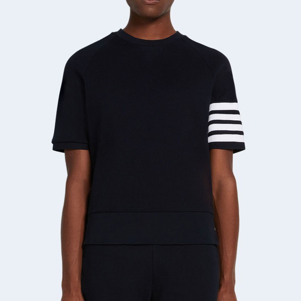 톰브라운 네이비 컴팩트 와플 4-바 쇼트 슬리브 스웨트 티셔츠