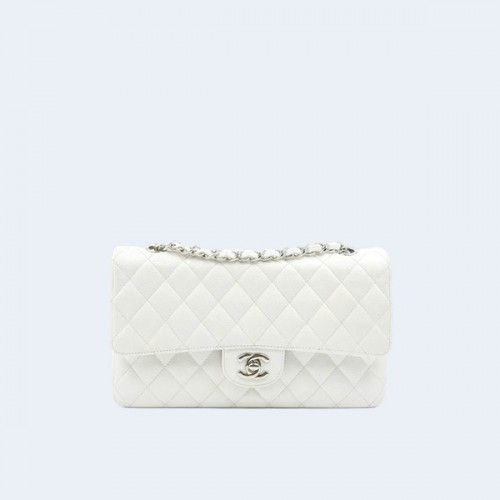 샤넬 클래식 미디움 카프스킨 화이트 실버