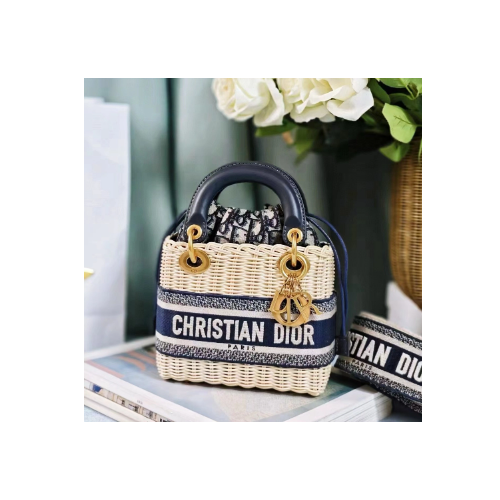 DIOR 디올 미니 백 내추럴 위커 & 블루 Dior Oblique 자카드